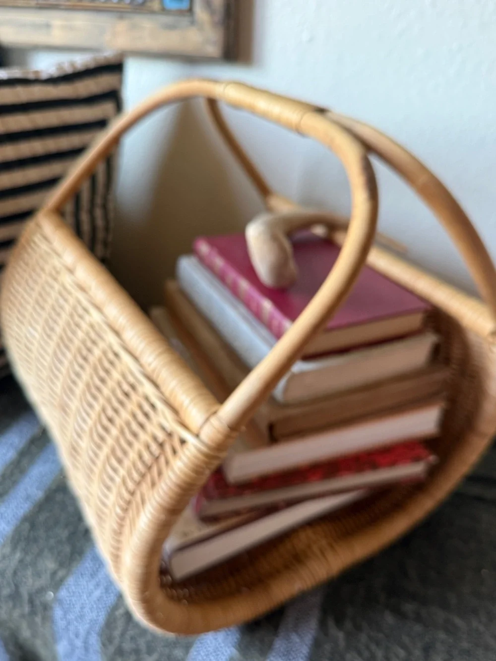 Vintage rattan Wicker Magazine Holder carry all basket decor French style